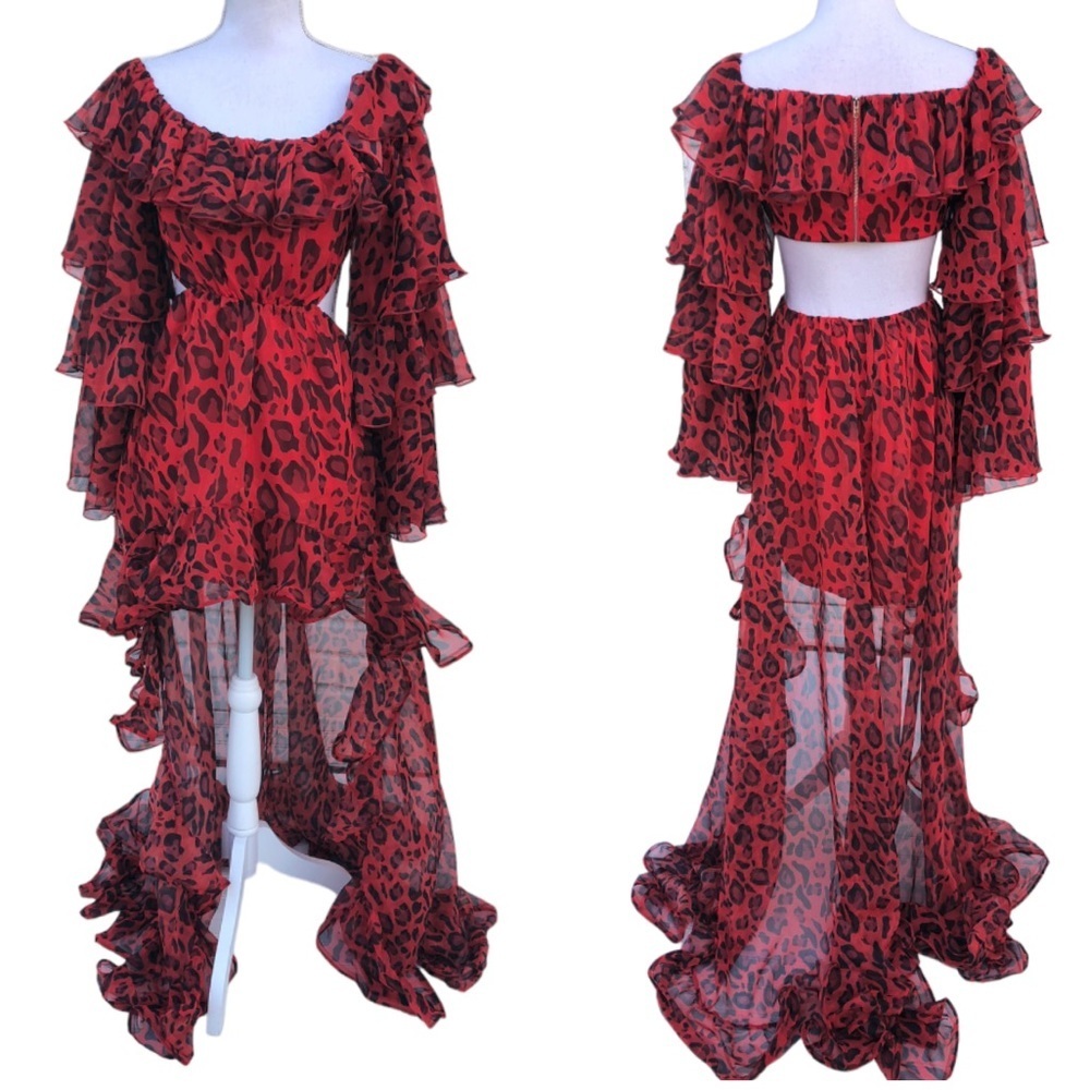 Ruffles cut out high low animal print dress S